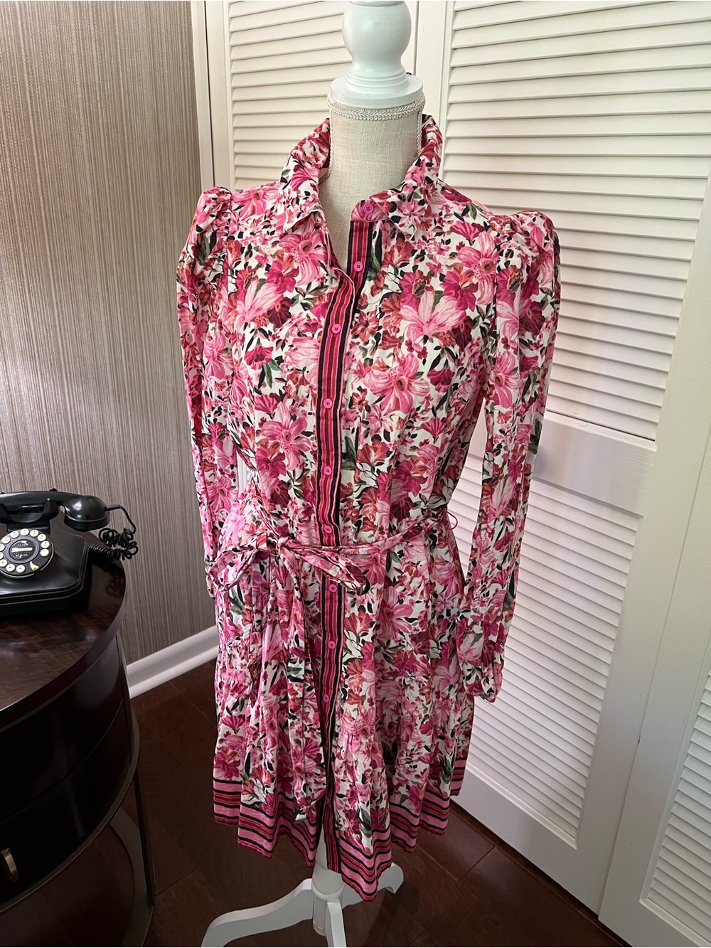 Anne Klein Pink Floral Long-Sleeve Shirt Dress with Self-Tie Belt